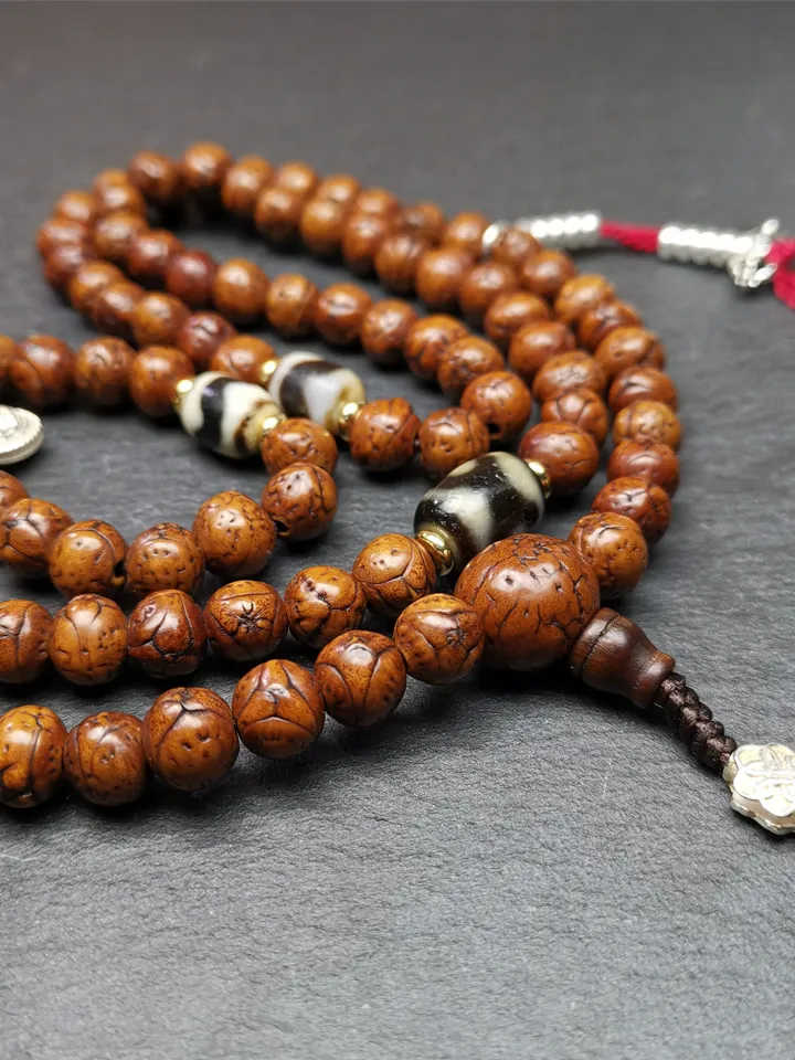 Gandhanra Old Tibetan Mala,Authentic 10mm 108 Dragon Eyes Bodhi Prayer Beads,with Dzi Spacer Beads,Silver Counters,40 Inches Length