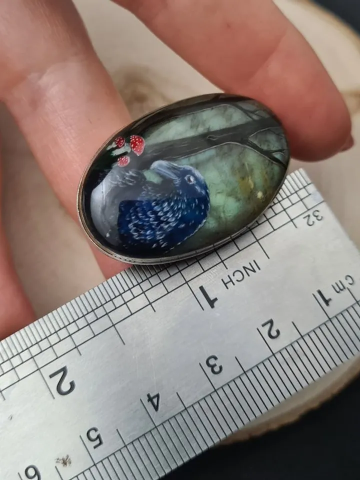 Raven ring Labradorite ring Stone painting Aaa large labradorite crow ring