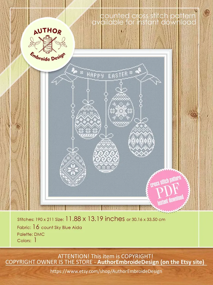 Easter eggs cross stitch pattern PDF download Monochrome sampler cross stitch chart for beginner, Happy Easter pattern digital PDF #T44