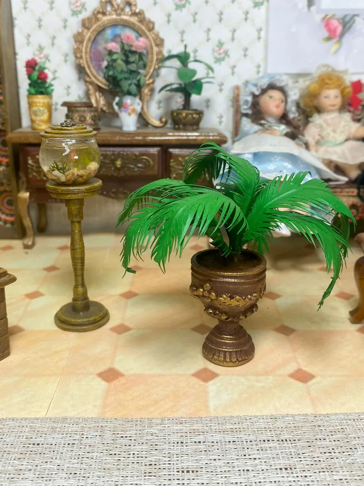 Palm tree in a brown-golden flowerpot. Dollhouse miniature. Handmade. 1:12.