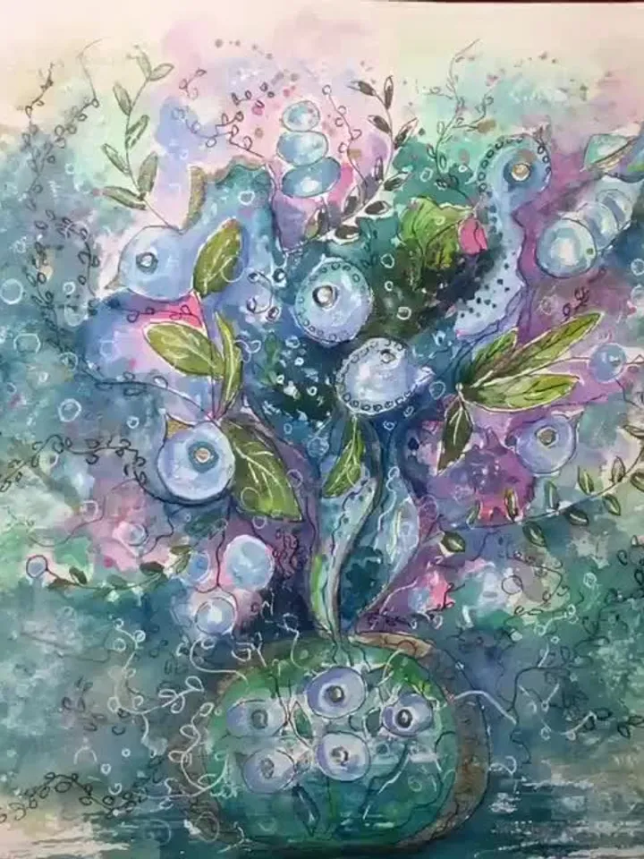 Floral fantasy original watercolor painting on paper, unique handmade artwork, wall art, home decor, blue green pink abstract fantasy art.