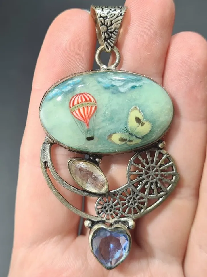 Blue pendant. Oil painting on  stone. Wearable art.