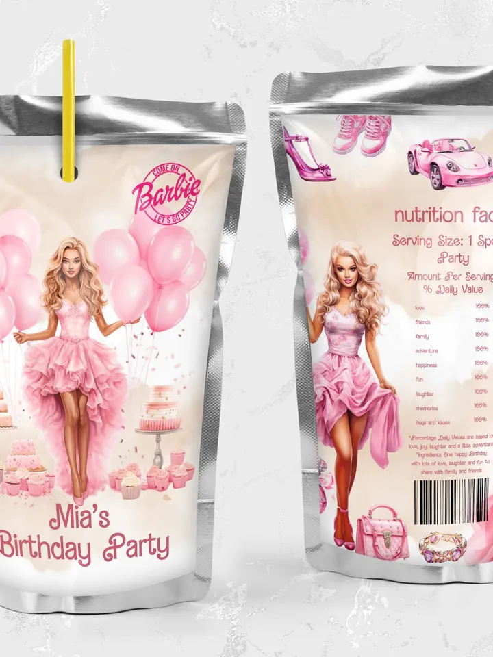 juice label editable template hot pink doll birthday party template bar12