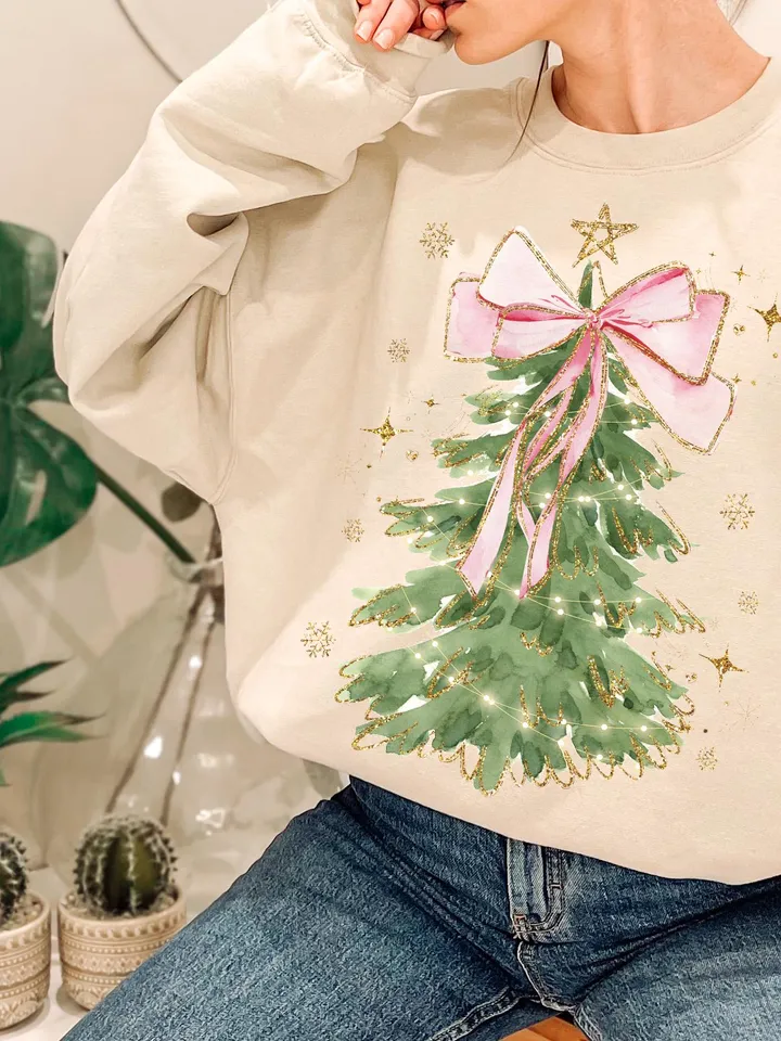 Coquette Glitter Christmas Tree Png, Watercolor Christmas Tree Girly, Merry Christmas Coquette Bow Tree Png, Christmas Lights Hand Drawn