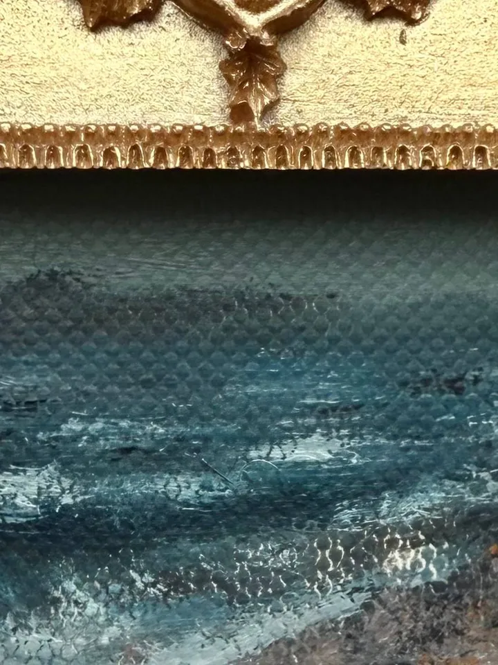 Small Landscape Oil Painting Framed Original Foggy Coast Painting Antique Ocean Art Gold Frame Tiny Paintings 3 x 4 Wave Art