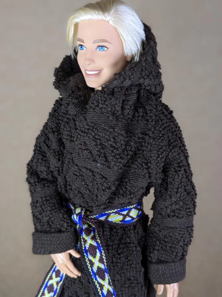 Brown terry bathrobe with a hood for 12 inch fashion male doll