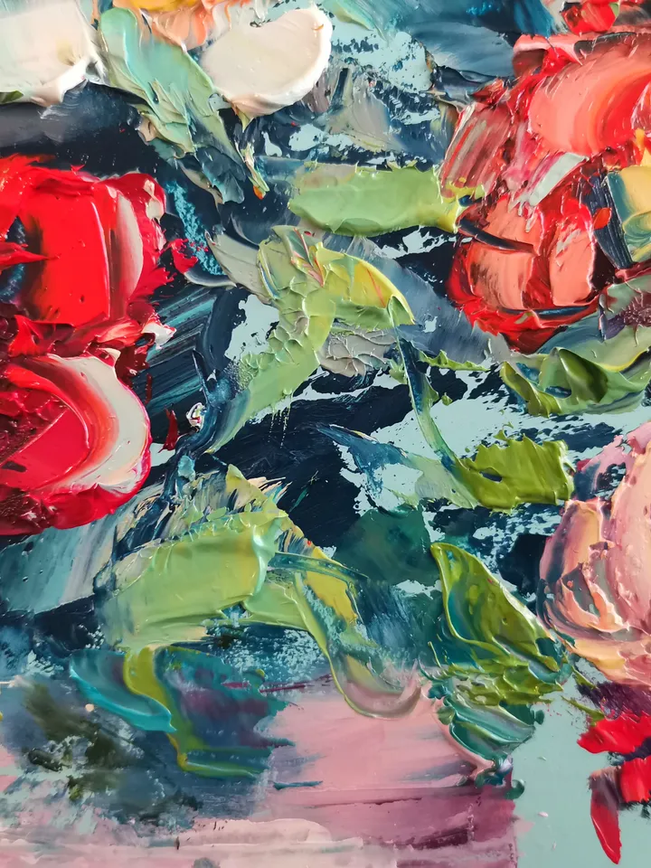 Roses Flower Coffee Candy Oil Painting Impasto Original Artist Svinar Oksana