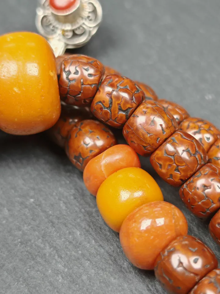 Authentic Tibetan 9+mm 108 Rudraksha Rosary, Old Necklace Mala,Tibetan Prayer Beads with Unique Mix of Treasures,Spiritual Gift