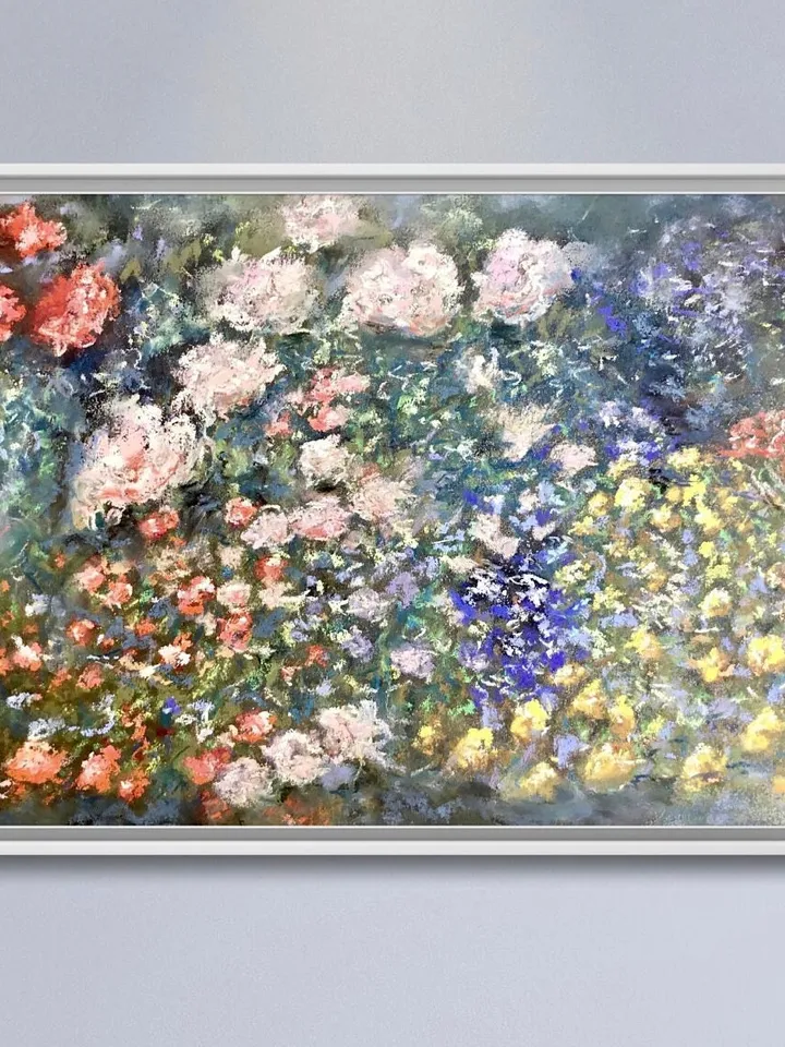 Flower garden,original soft pastel painting on sand paper,Flowers painting Klimt inspired,colourful soft pastel wall art,garden painting.
