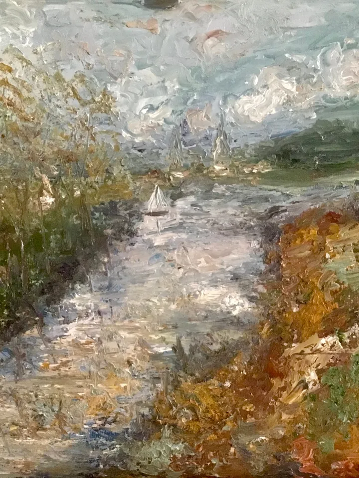 Semi-Abstract landscape painting on canvas,original oil painting,river,trees,mountains,abstract wall art,home decoration