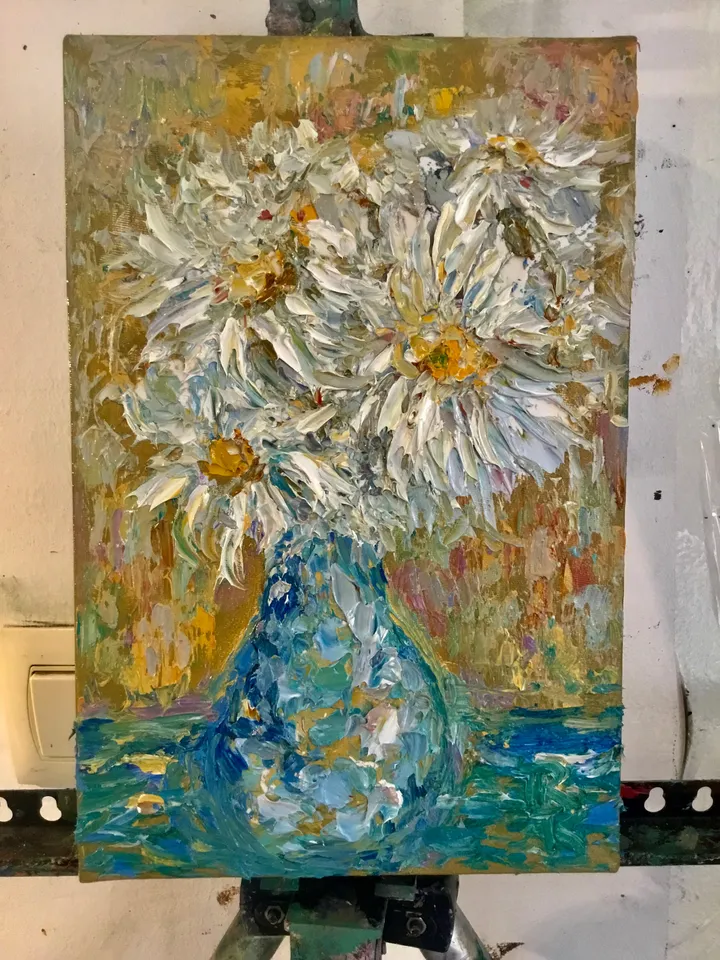 Daisies original oil impasto style painting,flowers in a vase oil painting,one of a kind original painting on 3 d canvas,flowers wall art