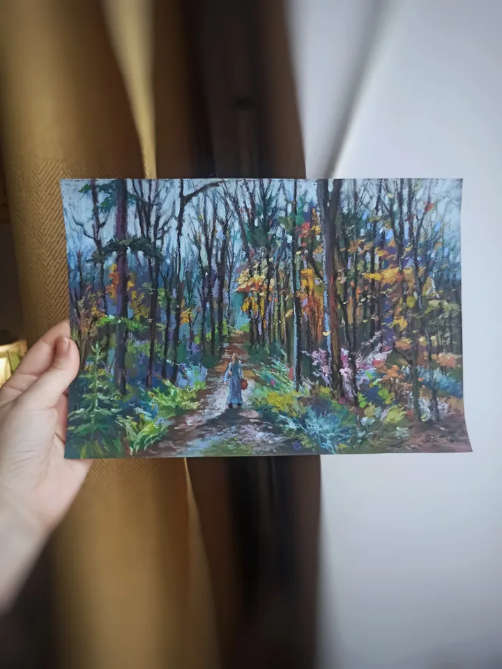 Original graphics, Forest autumn landscape, Girl walking in the forest, Nature,Oil pastel drawing on A4 craft paper.