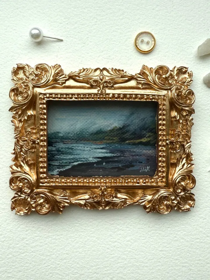 Small Landscape Painting Framed Original Dark Coast Ocean Art Antique Frame Tiny Paintings 3 x 4 Art Victorian artwork