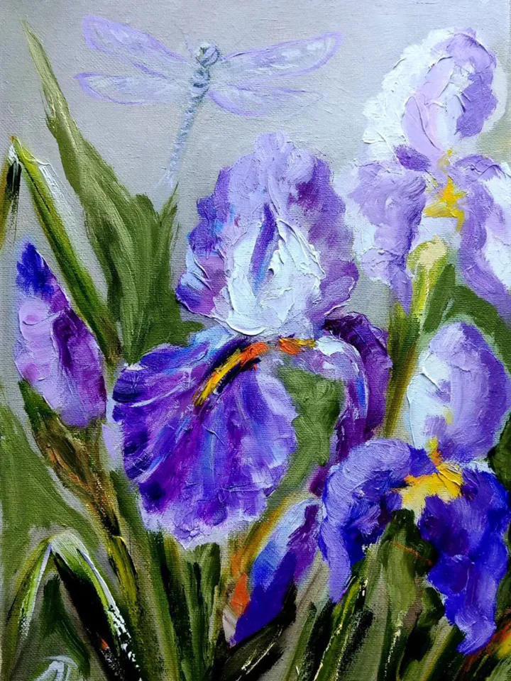 Irises Dragonfly Painting Original Art Impasto Oil Painting Canvas Painting