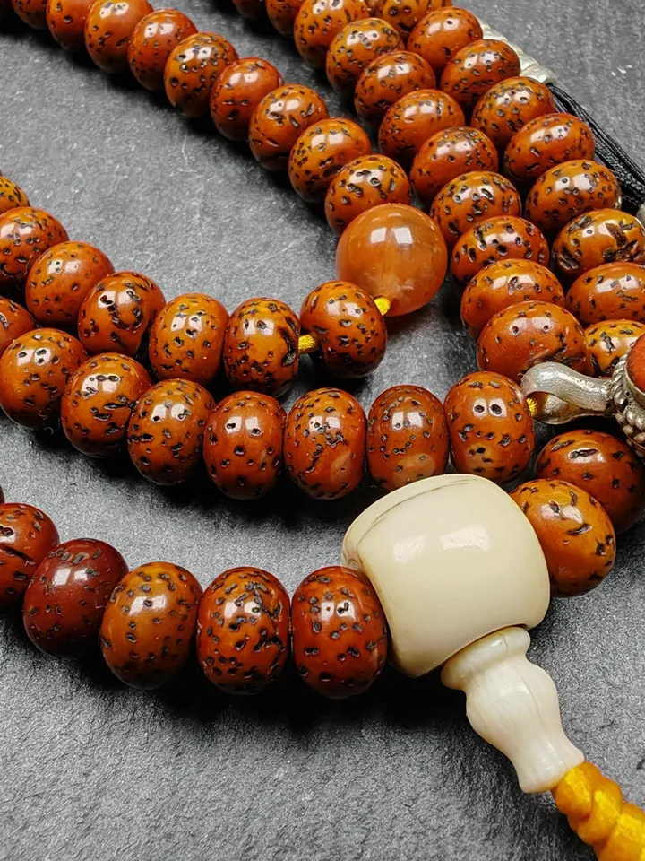 Gandhanra Authentic Tibetan Rosary, Old 7.8mm 108 Lotus Seed Mala Necklace - Handcrafted Tibetan Prayer Beads with Unique Mix of Treasures