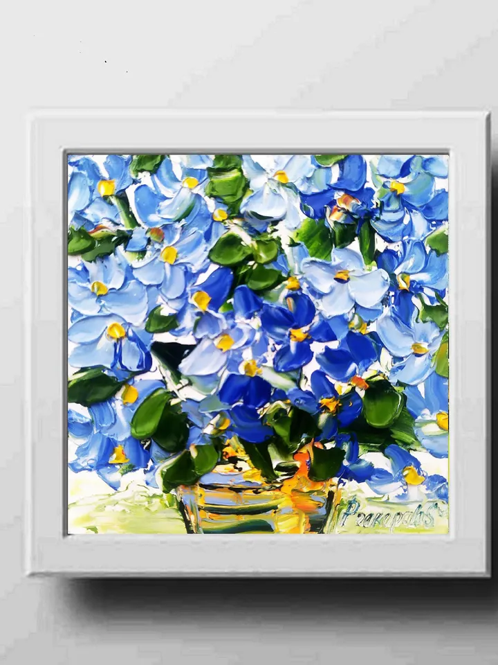 Forget-Me-Not Painting Cornflower Original Art Impasto Oil Painting 4x4 Blue Impasto Wildflower Wall Art Floral Meadow Painting Field