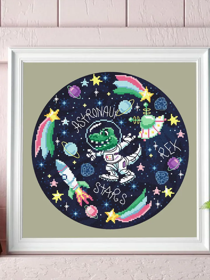 Space dinosaur cross stitch pattern PDF download Funny tyrannosaurus rex in space cross stitch chart, Astronaut dinosaur embroidery PDF #K58
