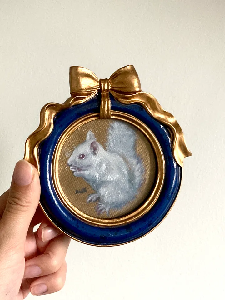 Framed Squirrel Oil Painting Original Albino Bird Art Dark Cottagecore Art Round Frame