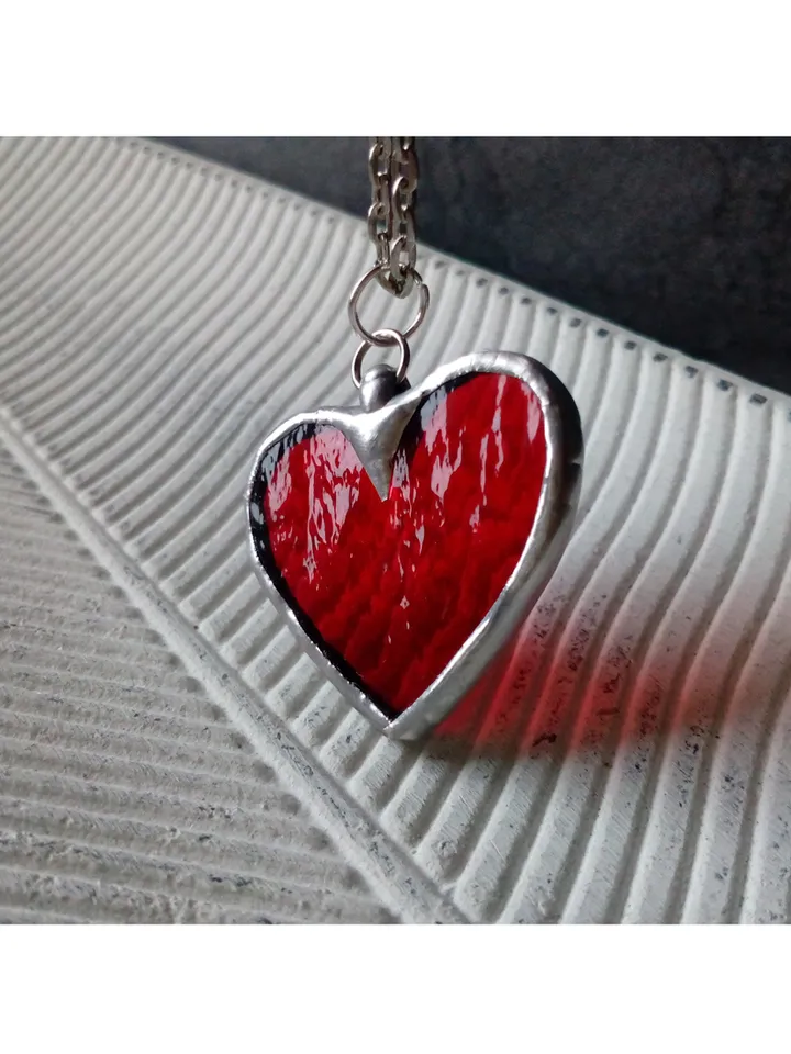 Red heart glass necklace, Love pendant, st Valentine scarlet heart necklace, kawaii pendant