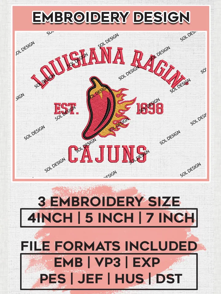 NCAA Louisiana Ragin Cajuns Est 1898 Logo Embroidery Designs, NCAA Louisiana Ragin Cajuns Team Embroidery, NCAA Team Logo, 3 sizes, Machine embroidery Files, Digital Download