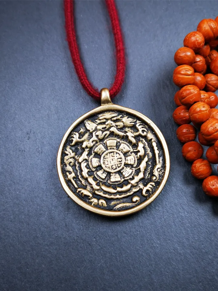 Gandhanra Vintage Tibetan Buddhist Calendar Badge,Melong Mirror, SIPAHO Amulet(srid pa ho),Jiugong Bagua,made of Copper,1.77"