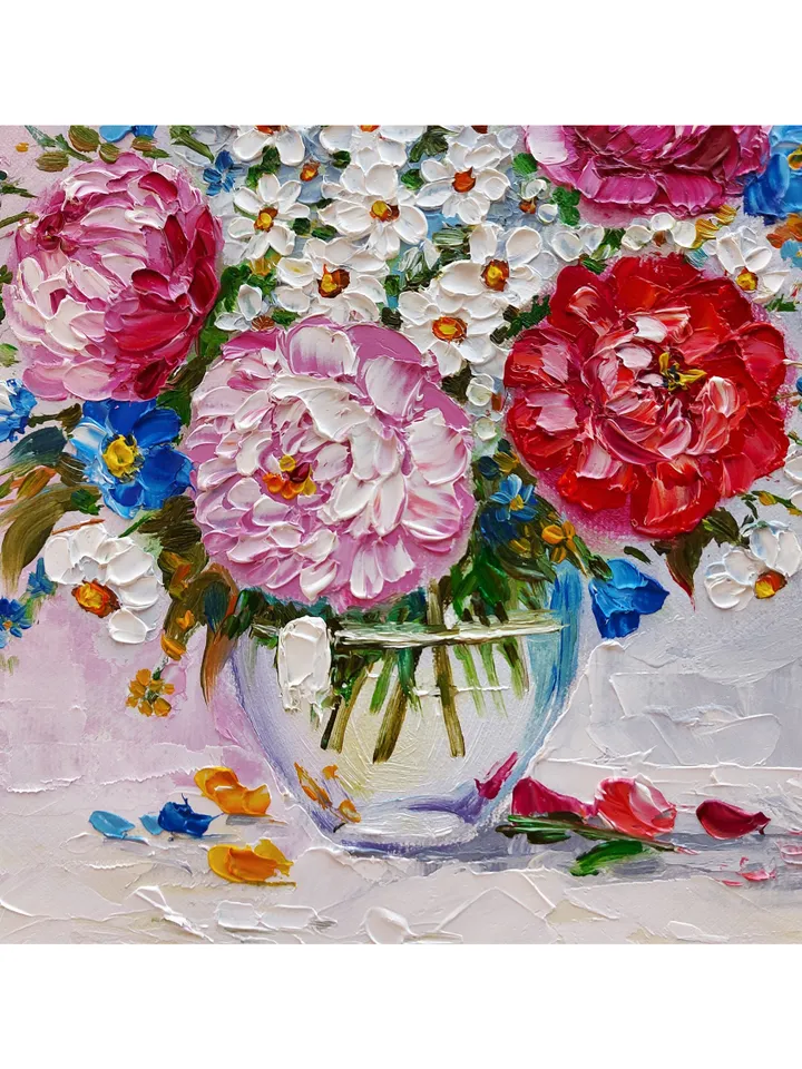 Original oil painting Peonies and Daisies Bright bouquet of flowers 8 by 8 inches (20x20cm) by OilPaintingNatali