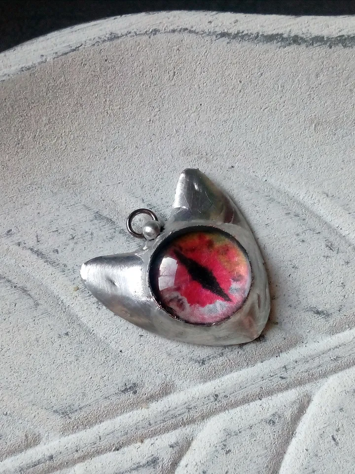 CAT necklace, cat eye tin soldered pendant, cat lovers jewelry, Halloween necklace, witchy aesthetic, goth bat pendant