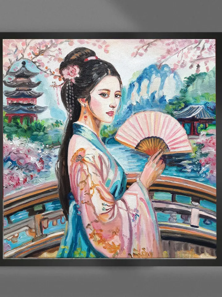 The Girl at a Pagoda Art Original Oil painting Oil on canvas
