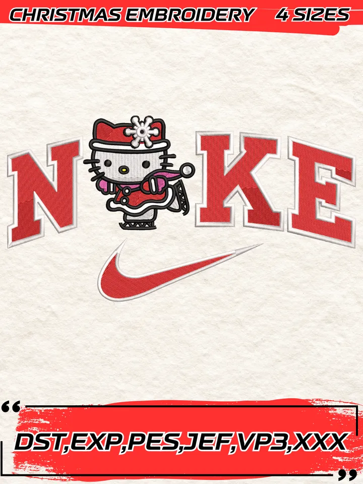 Swoosh Hello Kitty Ice Skating Christmas Embroidery Design,Christmas Embroidery Design,4 Sizes,Digital Download