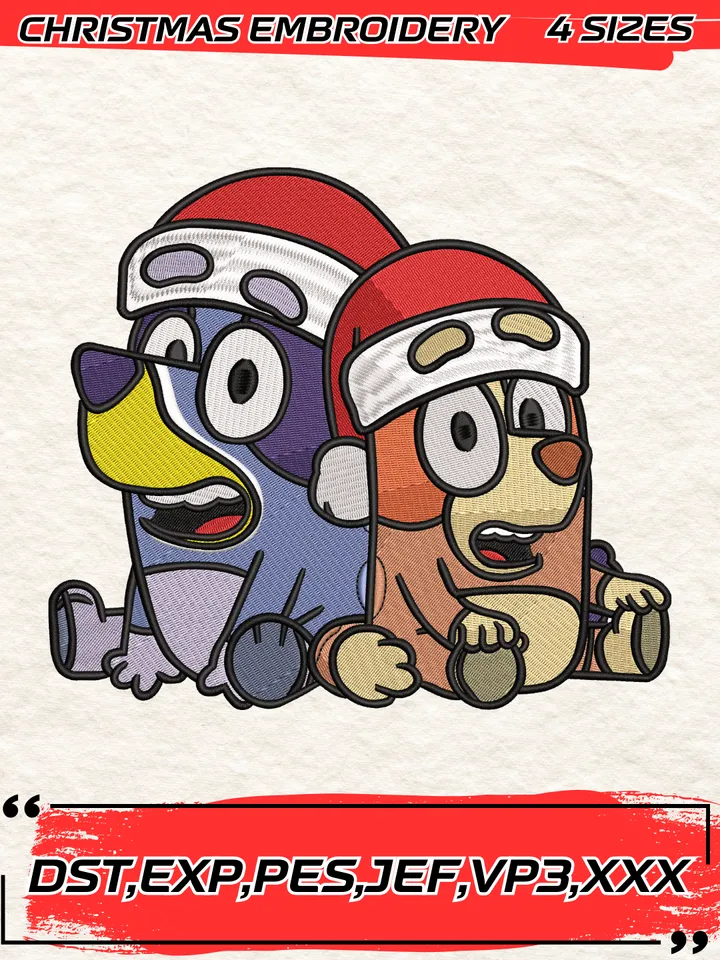 Bluey And Bingo Santa Hat Embroidery Design,Christmas Embroidery Design,4 Sizes, Digital Download