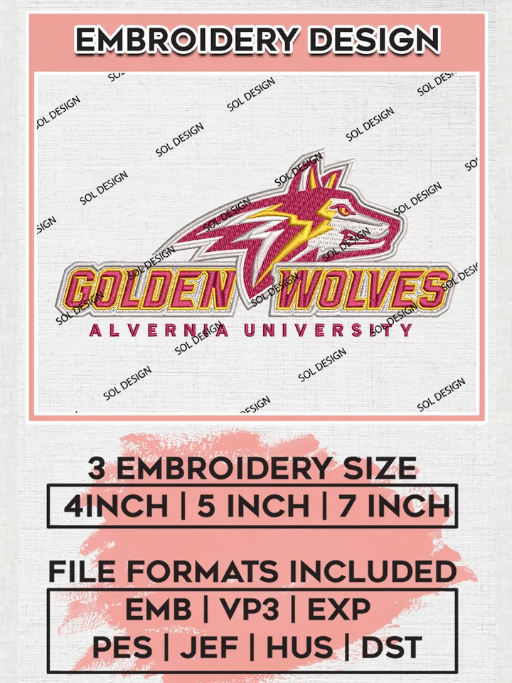 Alvernia Golden Wolves Uni.versity Team Logo Embroidery Design Files, NCAA Alvernia Golden Wolves Machine Embroidery, NCAA Teams, 3 sizes, NCAA Machine embroidery designs, Digital Download