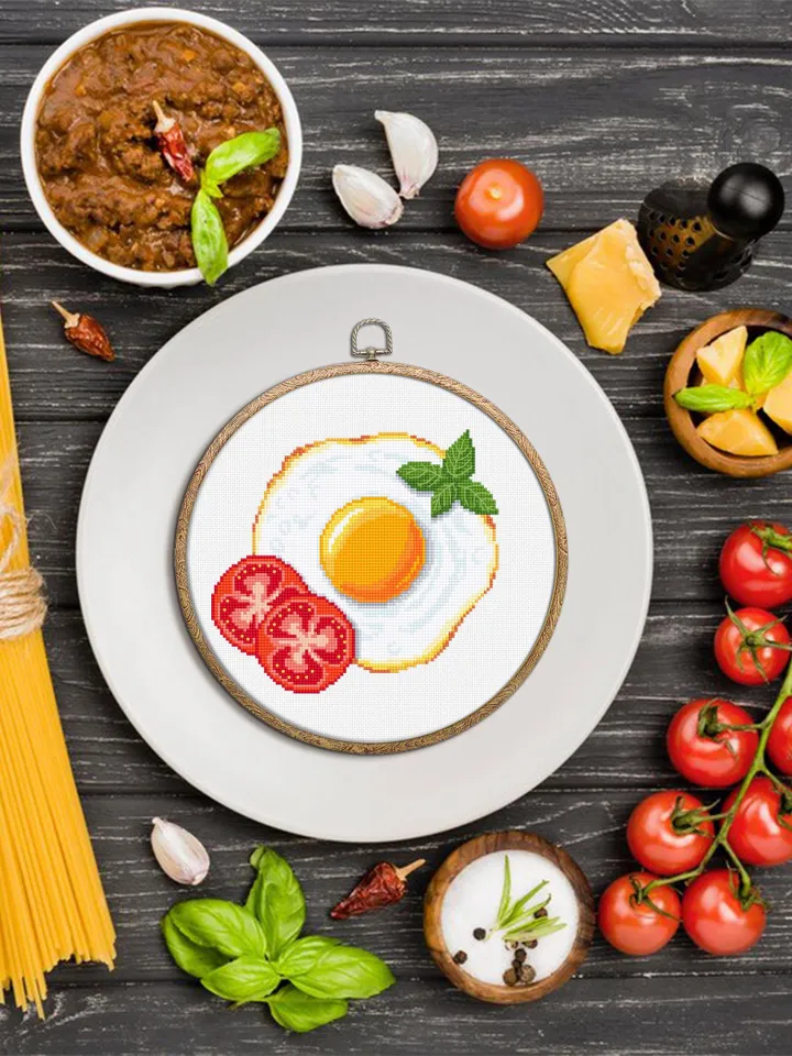 Fried egg with tomatoes cross stitch pattern PDF download Food cross stitch chart for beginners, Egg pattern digital PDF, Kitchen decor #F23