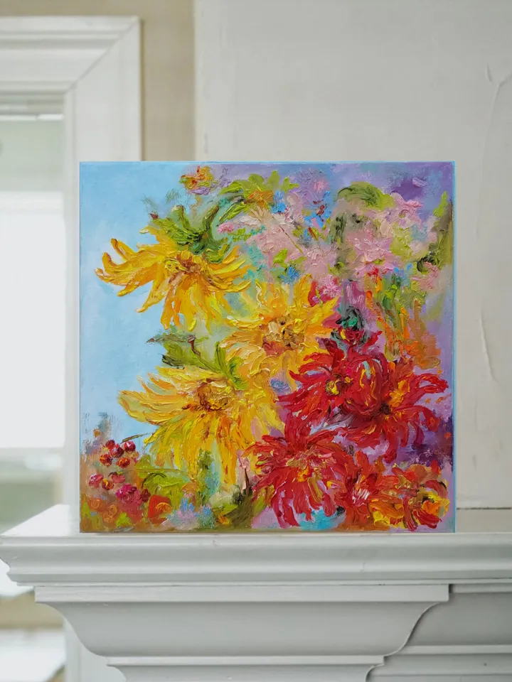 "Still life. Sunflowers" oil painting on canvas 30x30cm (12x12inch)