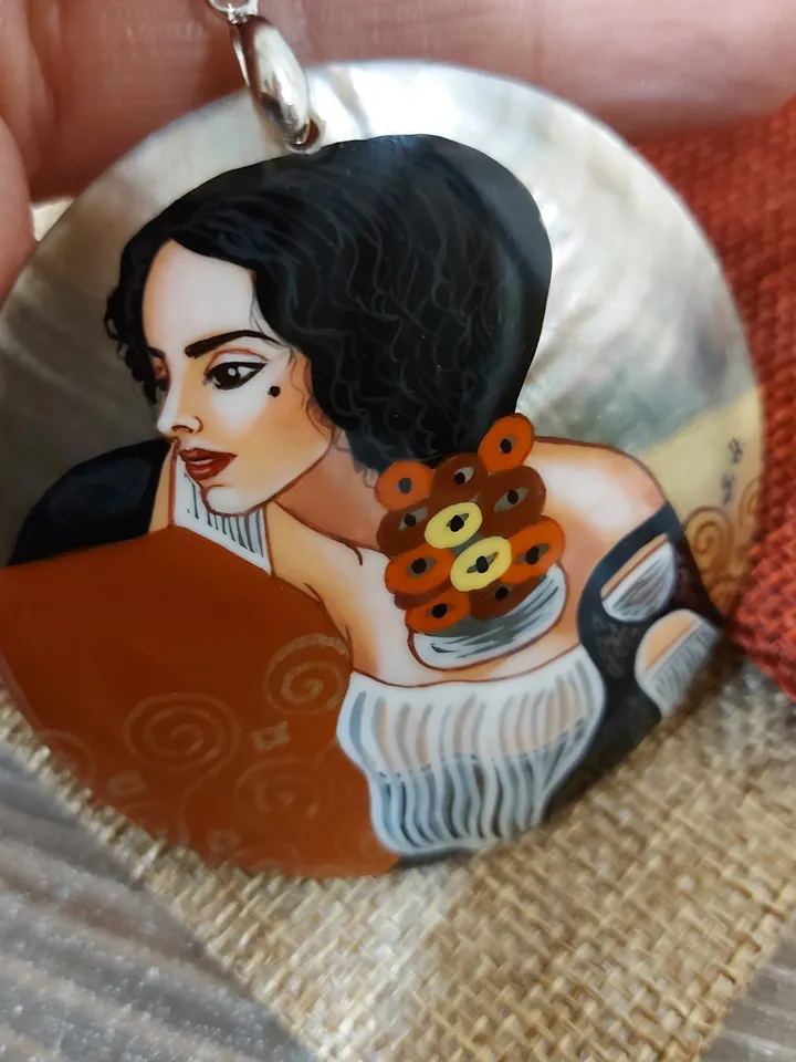 Gustav Klimt. Pendant " Judith ". Mother-of-pearl Russian hand-painted necklace. Hand paint necklace pendant.Hand painted miniature painting