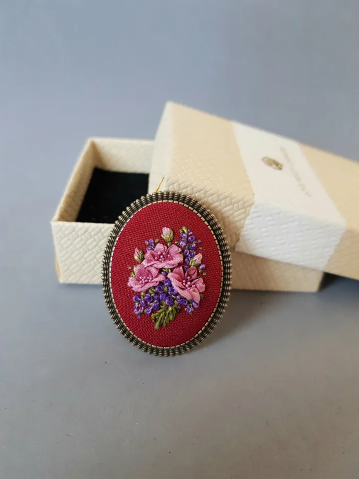 Ribbon embroidered bordo color brooch for her, hand embroidery jewelry