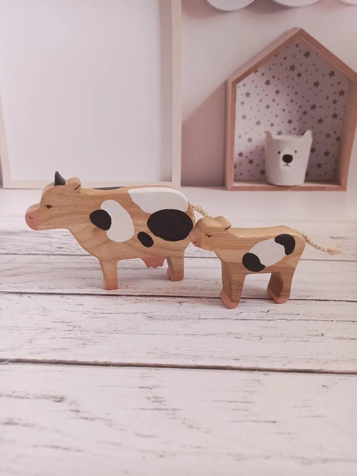 Wooden toys cow and calf,farm animals wooden figurines, education toys for toddl
