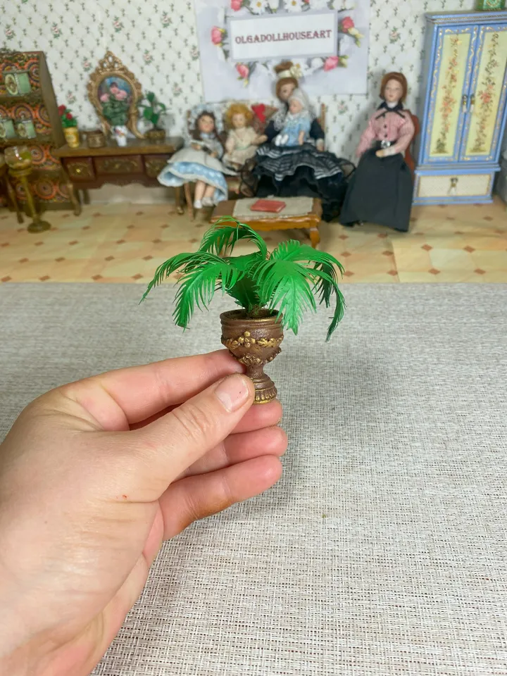 Palm tree in a brown-golden flowerpot. Dollhouse miniature. Handmade. 1:12.
