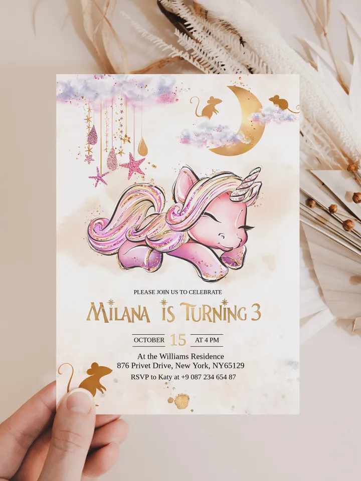 Unicorn Birthday Invitation Editable Unicorn Party Invitation Magical Day is on the Way Magical Birthday Girl Pink Rose Gold Invitation; uc1