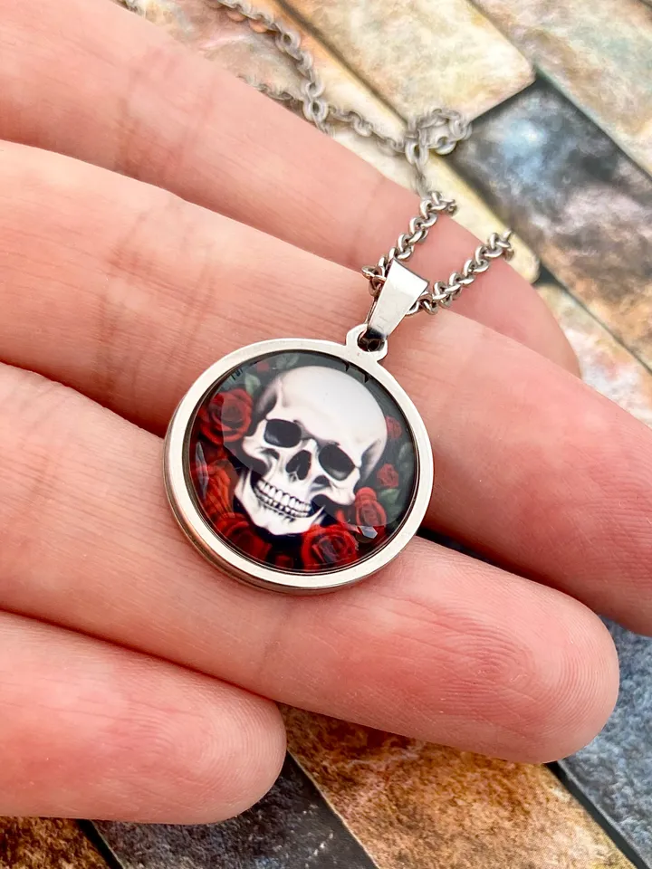 Skull with red roses, steel pendant with glass, Skull lover gift