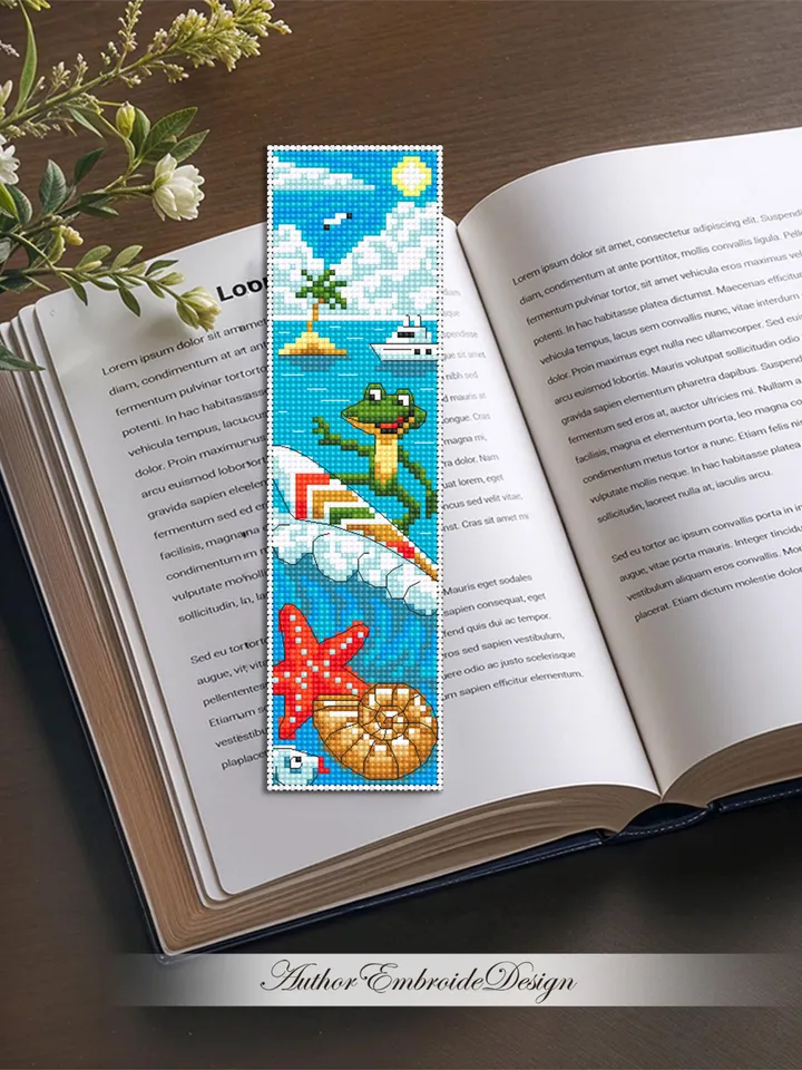 Summer bookmark cross stitch pattern PDF download Funny frog cross stitch chart, Sea bookmark pattern digital PDF, Beach vacation #B447