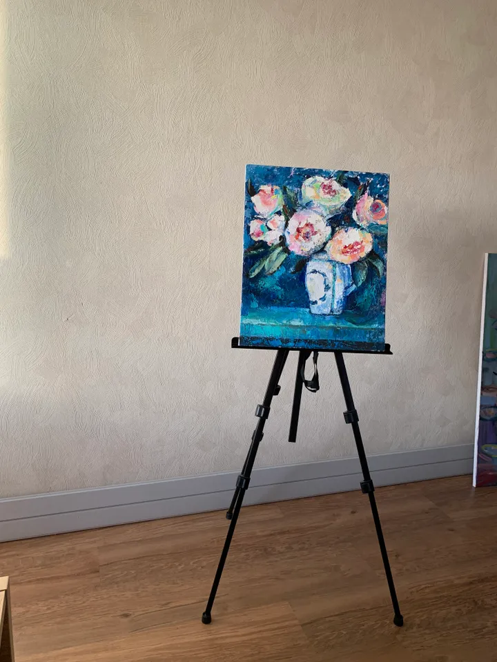 Peonies in vase impasto oil original painting fresco