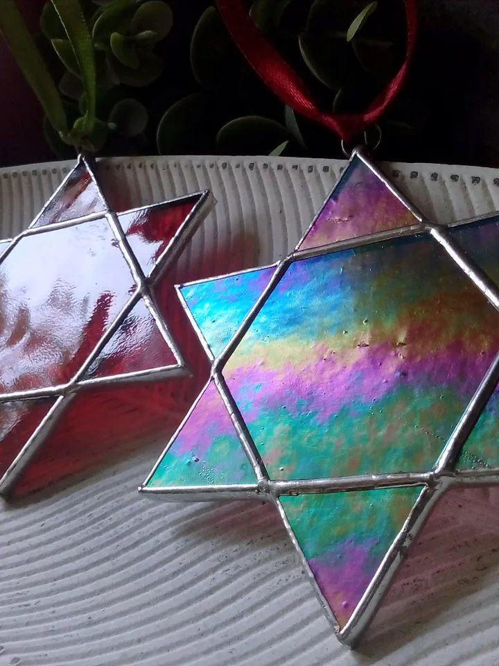 Set of 2 snowflake suncatchers, christmas ornaments, simple stained glass, Christmas decorations, Xmas tree star