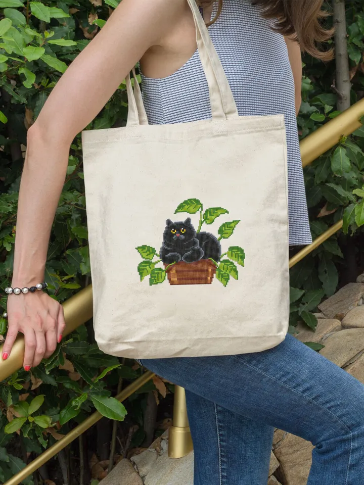 Black cat and plants cross stitch pattern PDF download House plant cross stitch chart, Funny cat pattern digital PDF, Cat lover gift #K45
