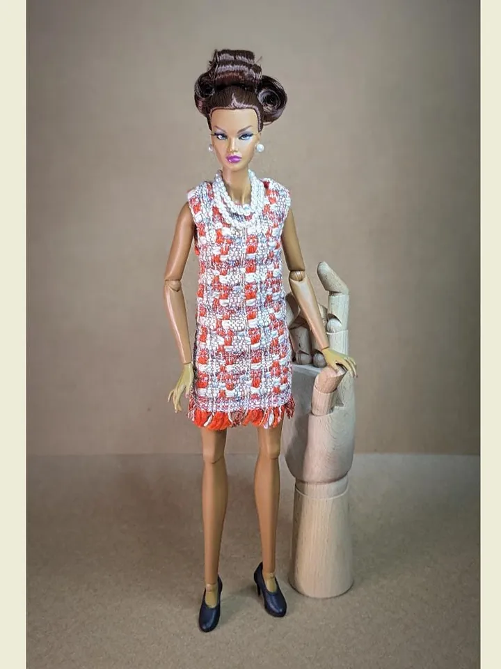 Handmade checked bouclé mini dress for 16-inch Fashion Royalty dolls (FR16)