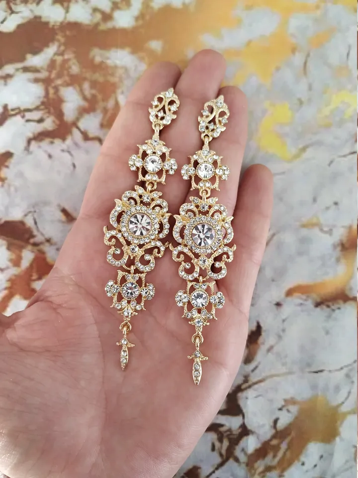 Long Vintage Style Wedding Earrings | Gold , Silver Chandelier Statement Bridal Earrings | Vintage Style Wedding Jewelry | Wedding Gift