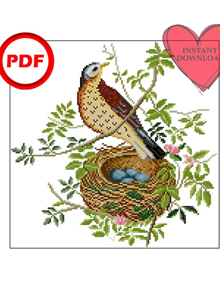 a bird in a nest cross stitch pattern for pillow pdf