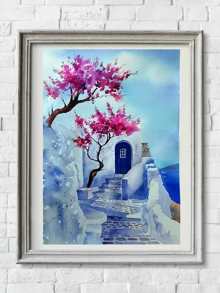 Santorini Painting Original Watercolor Art 11.81x15.74 in by ArtCafe
