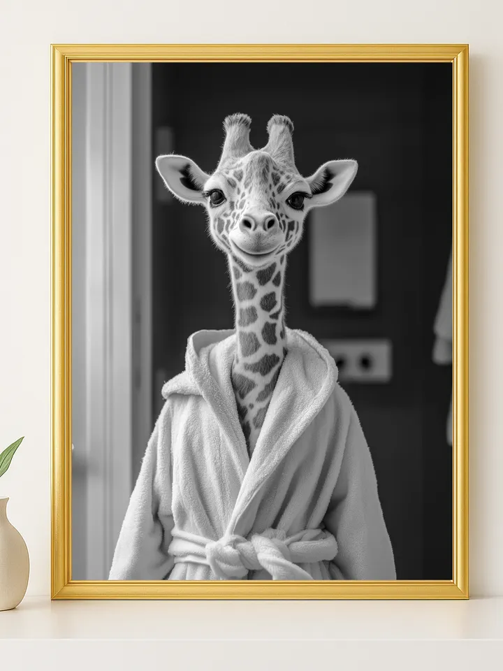 Cute Giraffe Bathroom Wall Art, Baby Animal in Robe Print, Whimsical Spa Decor, Nursery or Kids Room Digital Download