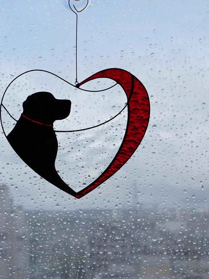 Dog Black Retriever Labrador in Red Heart . Art Stained glass window hanging Suncatcher. Gift for animal lover, pet loss memorial.