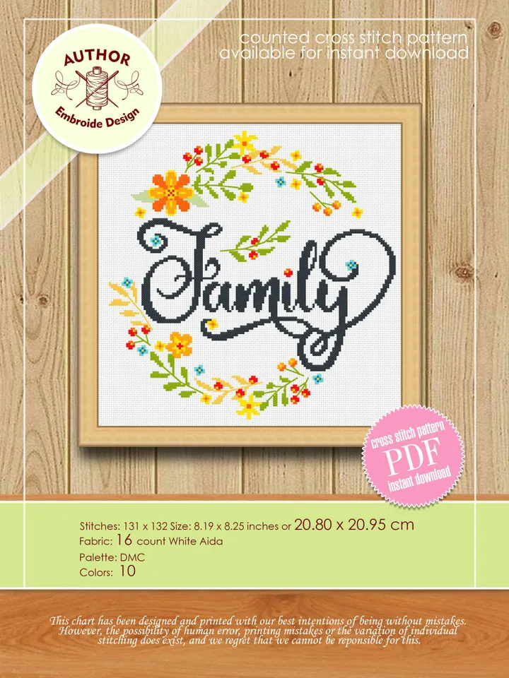 Family sign cross stitch pattern download PDF Framed quote cross stitch chart, Flower wreath cross stitch, Family wall decor #Q19